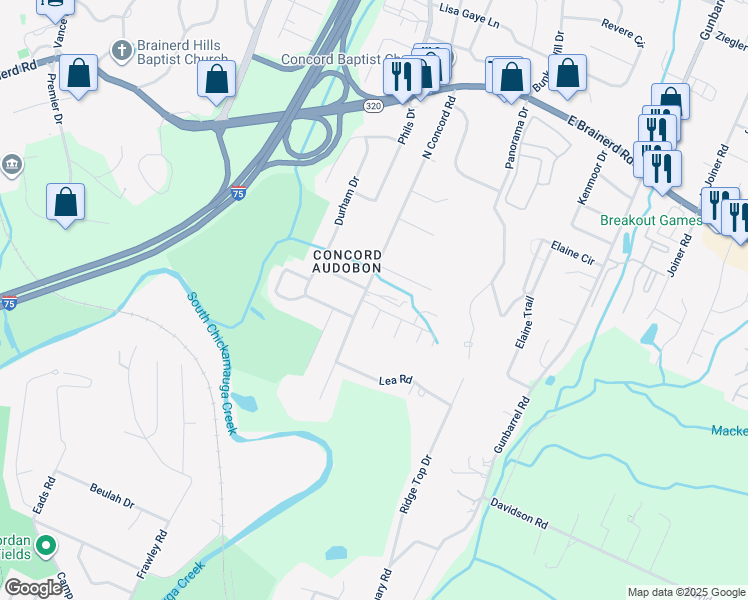 map of restaurants, bars, coffee shops, grocery stores, and more near 1222 North Concord Road in Chattanooga