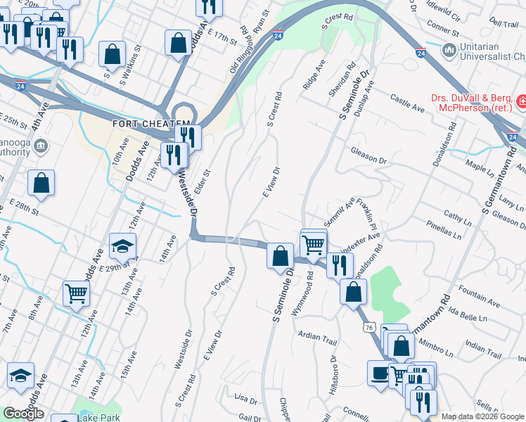 map of restaurants, bars, coffee shops, grocery stores, and more near 3132 Chicalilly Drive in Chattanooga