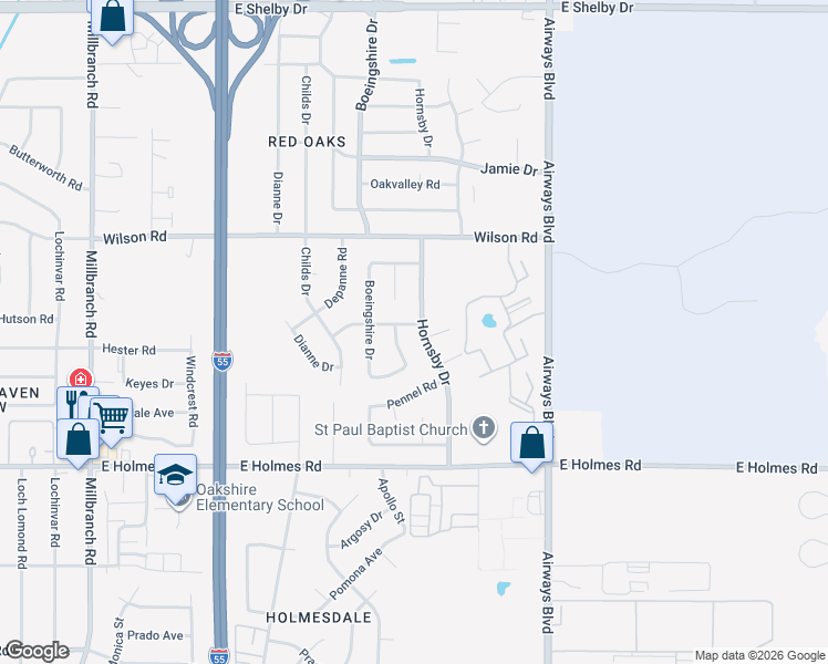 map of restaurants, bars, coffee shops, grocery stores, and more near 5064 Cedar Valley Drive in Memphis