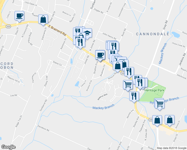 map of restaurants, bars, coffee shops, grocery stores, and more near 1410 Stratton Place Drive in Chattanooga