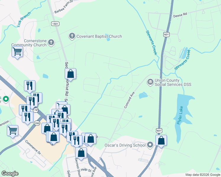 map of restaurants, bars, coffee shops, grocery stores, and more near 2225 Concord Avenue in Monroe