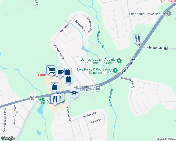 map of restaurants, bars, coffee shops, grocery stores, and more near 118 Tulane Drive in Raeford