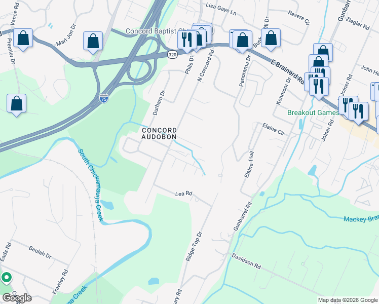 map of restaurants, bars, coffee shops, grocery stores, and more near 7138 Holland Lane in Chattanooga