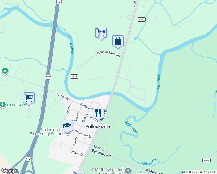 map of restaurants, bars, coffee shops, grocery stores, and more near 8512 U.S. 17 in Pollocksville