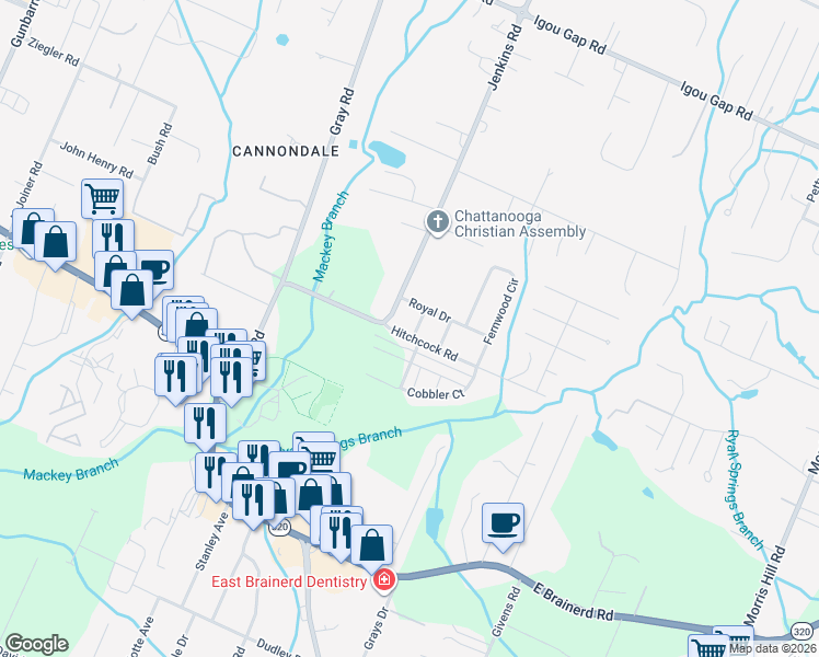 map of restaurants, bars, coffee shops, grocery stores, and more near 1603 Oaken Trail in Chattanooga