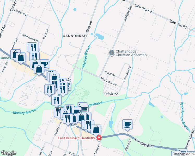 map of restaurants, bars, coffee shops, grocery stores, and more near 1519 Jenkins Road in Chattanooga