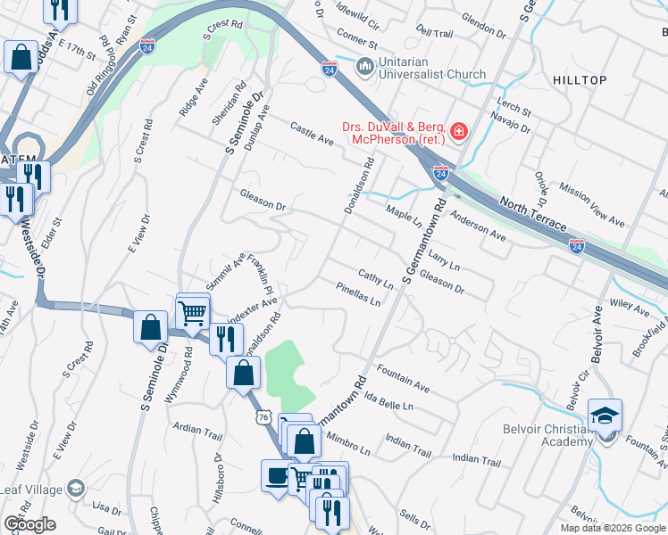 map of restaurants, bars, coffee shops, grocery stores, and more near 805 Eileen Lane in Chattanooga