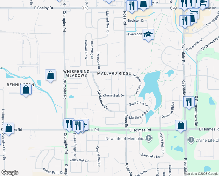 map of restaurants, bars, coffee shops, grocery stores, and more near 6621 Mistletoe Cove in Memphis