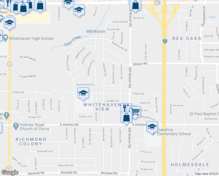 map of restaurants, bars, coffee shops, grocery stores, and more near 1596 Hutson Road in Memphis