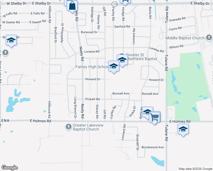 map of restaurants, bars, coffee shops, grocery stores, and more near 5025 Gill Road in Memphis