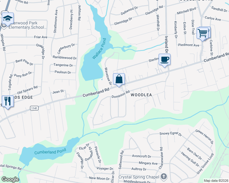 map of restaurants, bars, coffee shops, grocery stores, and more near 4415 Wavetree Drive in Fayetteville