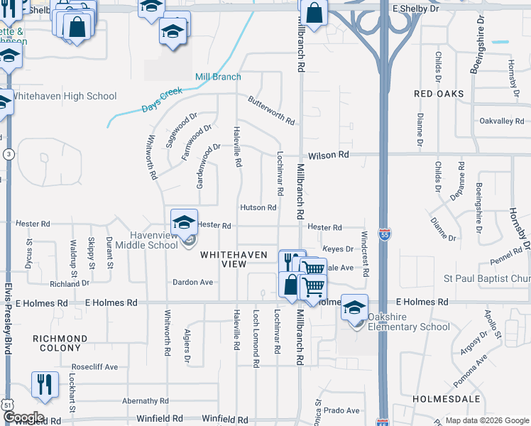 map of restaurants, bars, coffee shops, grocery stores, and more near 5015 Lochinvar Road in Memphis
