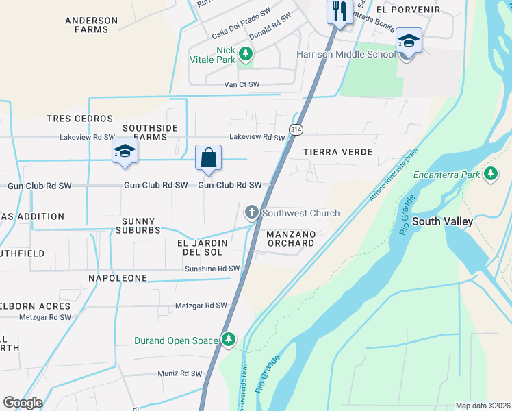 map of restaurants, bars, coffee shops, grocery stores, and more near 4415 Isleta Boulevard Southwest in Albuquerque