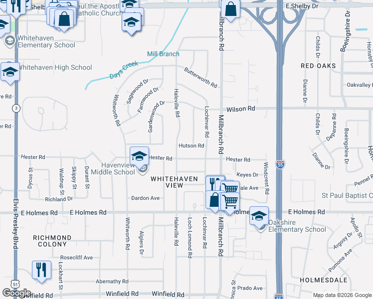 map of restaurants, bars, coffee shops, grocery stores, and more near 1596 Hutson Road in Memphis