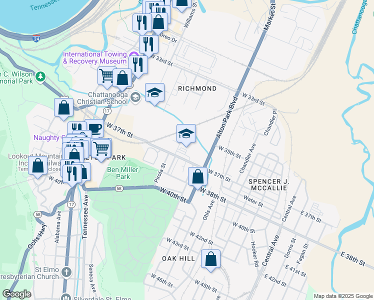 map of restaurants, bars, coffee shops, grocery stores, and more near 927 West 37th Street in Chattanooga