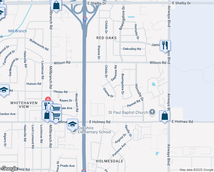 map of restaurants, bars, coffee shops, grocery stores, and more near 5038 Depanne Road in Memphis