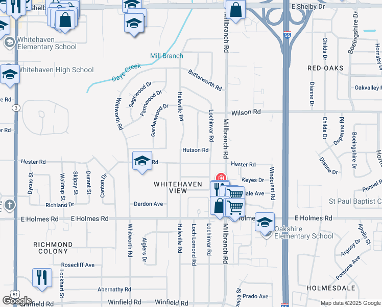 map of restaurants, bars, coffee shops, grocery stores, and more near 1597 Hutson Road in Memphis