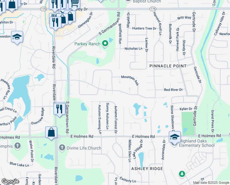 map of restaurants, bars, coffee shops, grocery stores, and more near 7211 Germantown Trail in Memphis