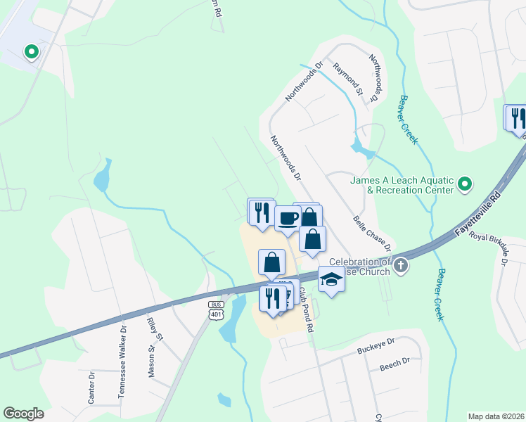 map of restaurants, bars, coffee shops, grocery stores, and more near 1930 Club Pond Road in Raeford