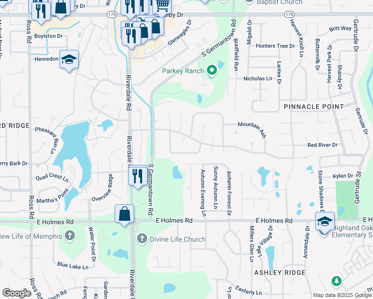map of restaurants, bars, coffee shops, grocery stores, and more near 7108 Farmhouse Drive in Memphis