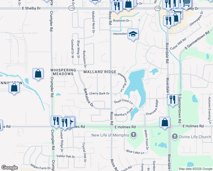 map of restaurants, bars, coffee shops, grocery stores, and more near 5011 Lake Valley Cove in Memphis