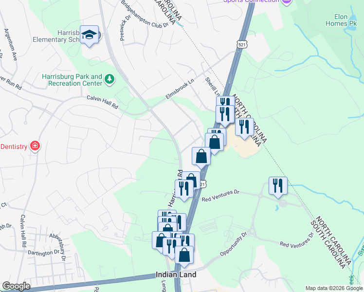 map of restaurants, bars, coffee shops, grocery stores, and more near 9985 Harrisburg Road in Indian Land