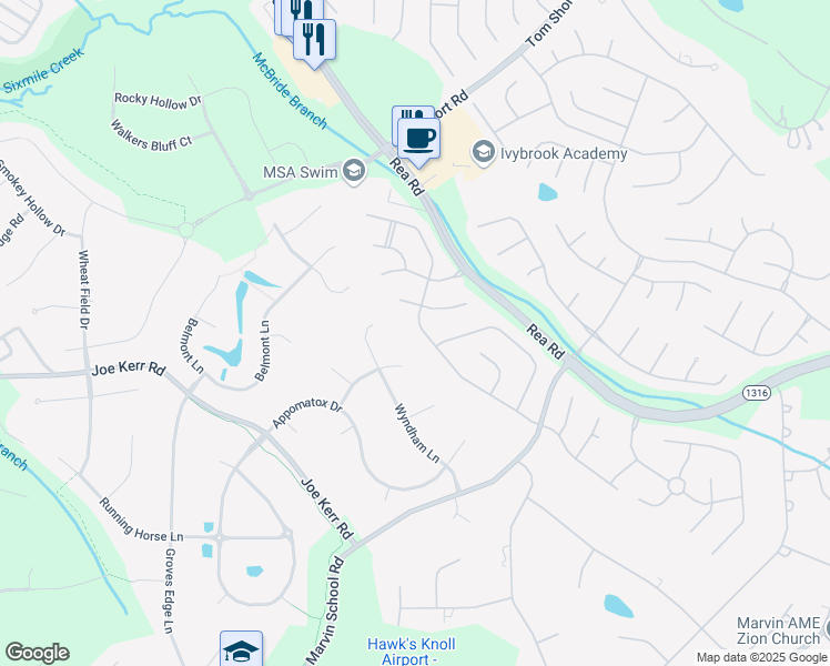 map of restaurants, bars, coffee shops, grocery stores, and more near 1206 Grayscroft Drive in Waxhaw