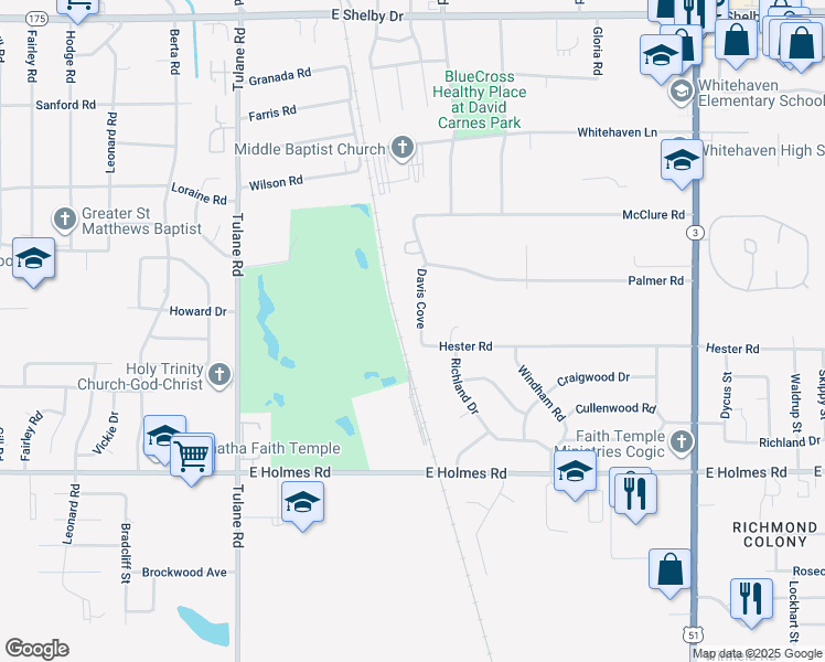 map of restaurants, bars, coffee shops, grocery stores, and more near 5011 Davis Cove in Memphis