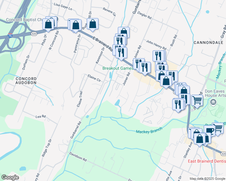 map of restaurants, bars, coffee shops, grocery stores, and more near 318 Carriage Parc Drive in Chattanooga