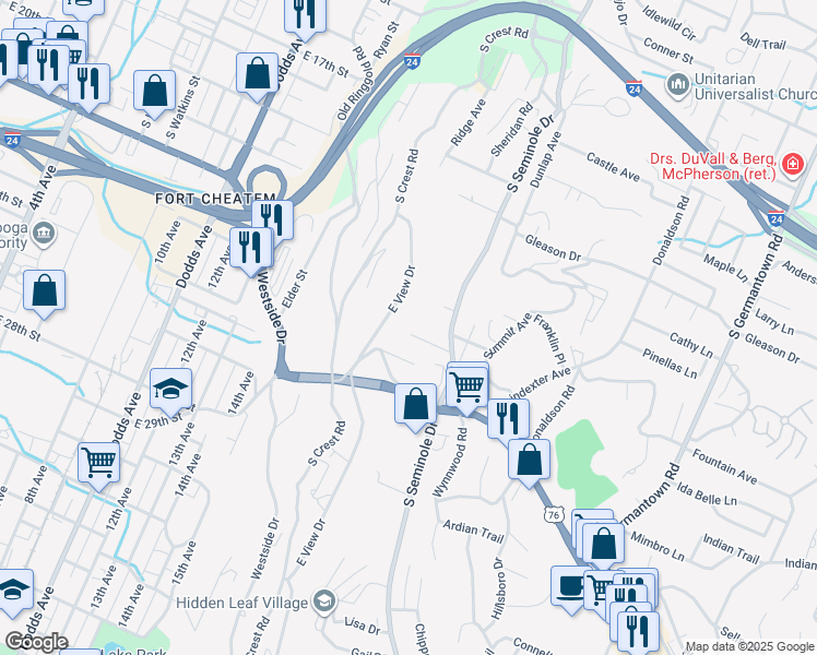 map of restaurants, bars, coffee shops, grocery stores, and more near 817 South Seminole Drive in Chattanooga