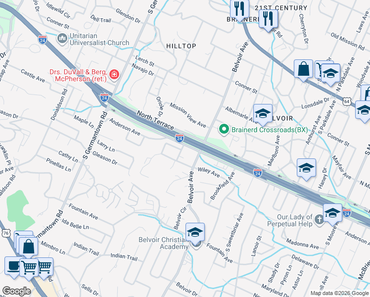 map of restaurants, bars, coffee shops, grocery stores, and more near 520 Bacon Trail in East Ridge
