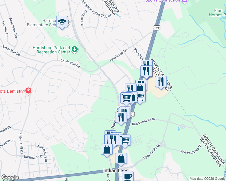 map of restaurants, bars, coffee shops, grocery stores, and more near 9985 Harrisburg Road in Fort Mill