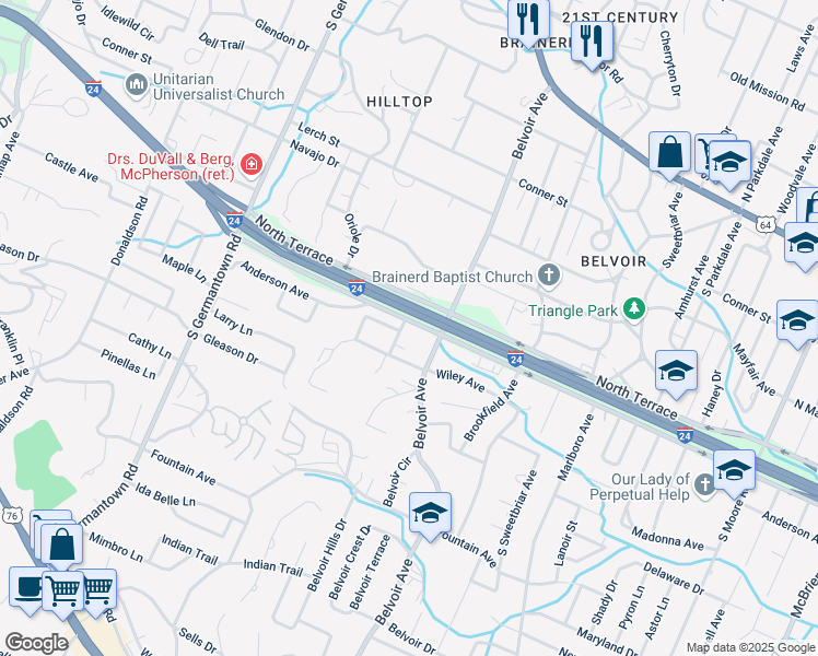 map of restaurants, bars, coffee shops, grocery stores, and more near 520 Bacon Trail in East Ridge