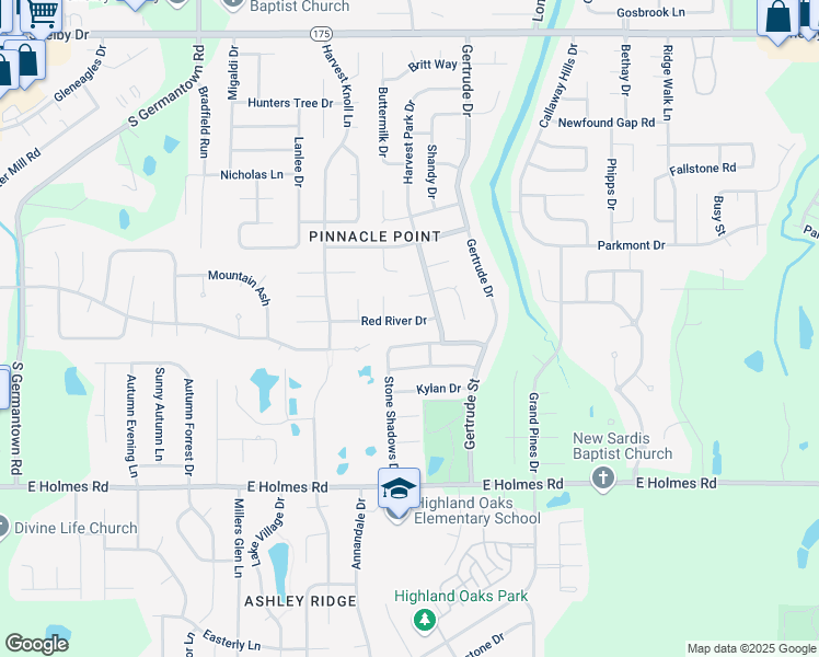 map of restaurants, bars, coffee shops, grocery stores, and more near 7477 Red River Drive in Memphis