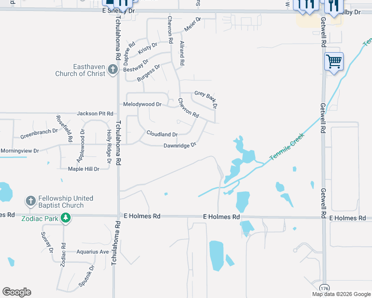 map of restaurants, bars, coffee shops, grocery stores, and more near 3442 Dawnridge Drive in Memphis