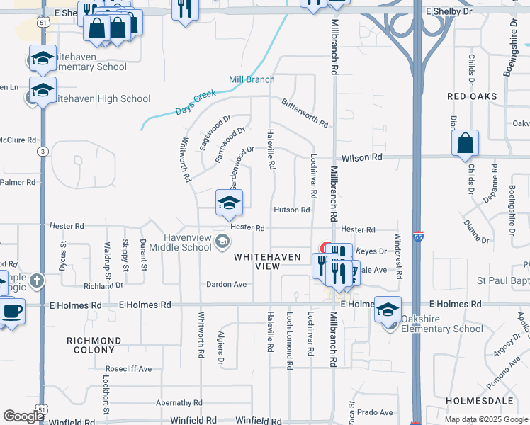 map of restaurants, bars, coffee shops, grocery stores, and more near 5017 Haleville Road in Memphis