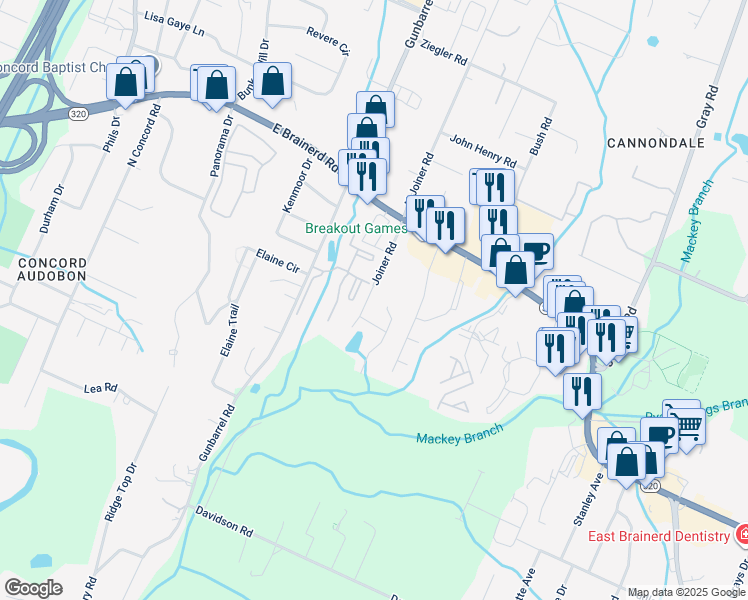 map of restaurants, bars, coffee shops, grocery stores, and more near 1304 Joiner Road in Chattanooga