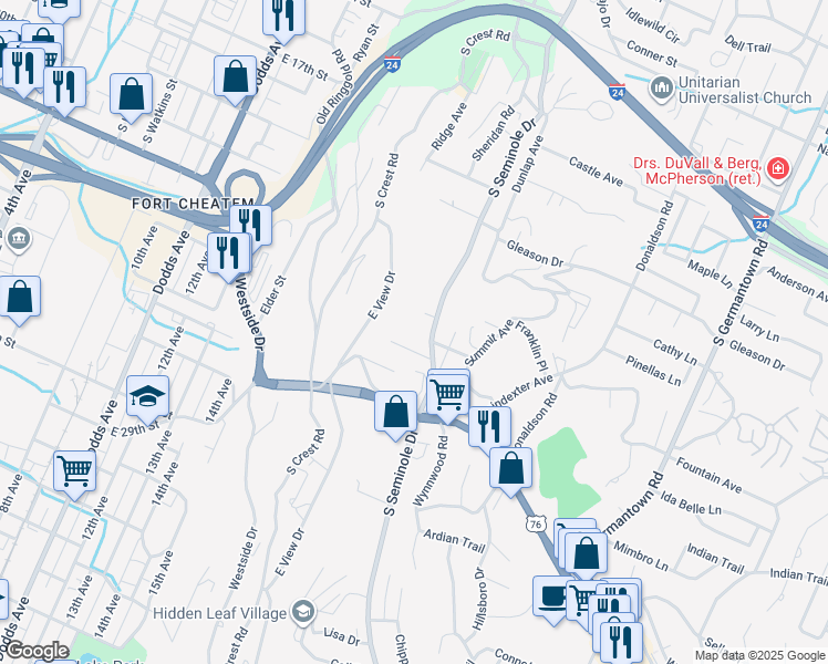 map of restaurants, bars, coffee shops, grocery stores, and more near 817 South Seminole Drive in Chattanooga