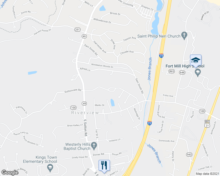 map of restaurants, bars, coffee shops, grocery stores, and more near 1624 Spring Blossom Trail in Fort Mill