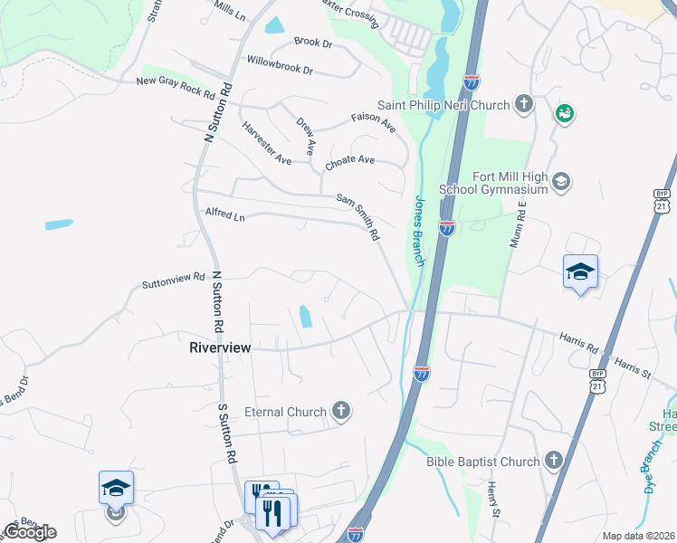 map of restaurants, bars, coffee shops, grocery stores, and more near 1575 Sam Smith Road in Fort Mill