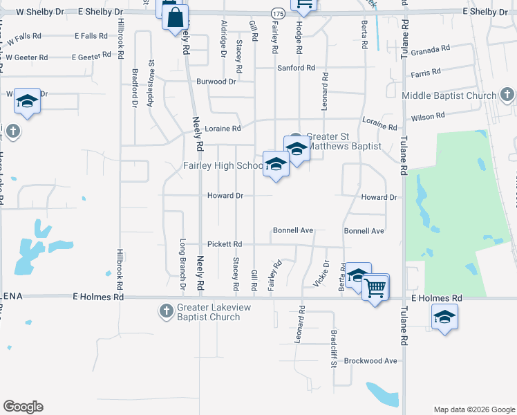 map of restaurants, bars, coffee shops, grocery stores, and more near 5025 Gill Road in Memphis