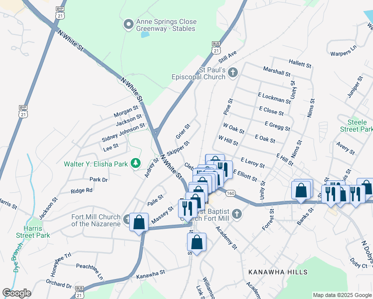 map of restaurants, bars, coffee shops, grocery stores, and more near 205 Skipper Street in Fort Mill