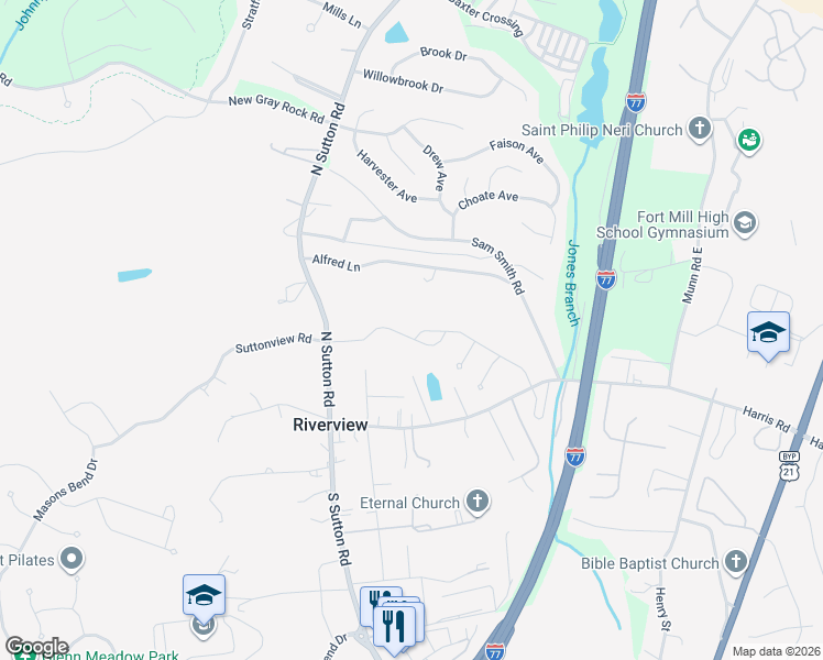 map of restaurants, bars, coffee shops, grocery stores, and more near 1624 Spring Blossom Trail in Fort Mill