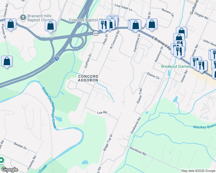 map of restaurants, bars, coffee shops, grocery stores, and more near 7113 Holland Lane in Chattanooga