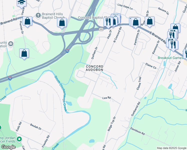 map of restaurants, bars, coffee shops, grocery stores, and more near 1214 Durham Street in Chattanooga