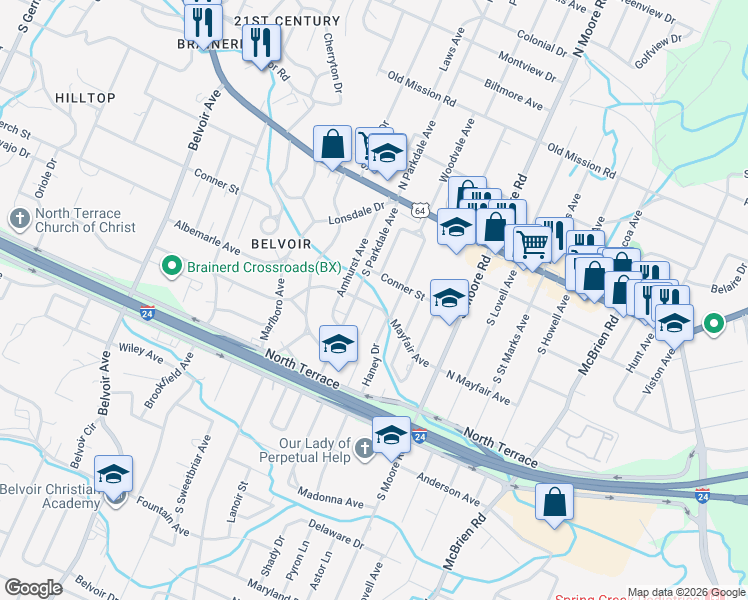 map of restaurants, bars, coffee shops, grocery stores, and more near 4608 Conner Street in Chattanooga