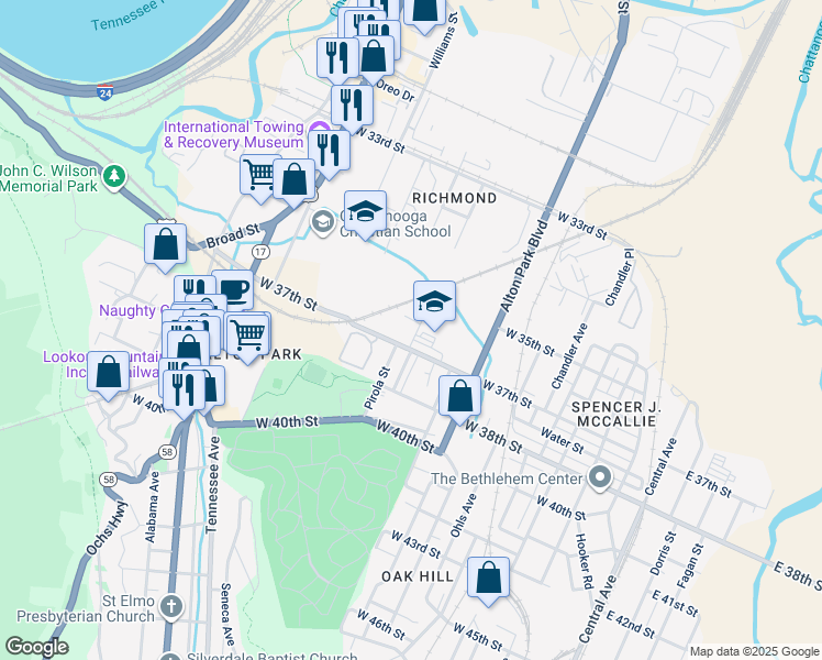 map of restaurants, bars, coffee shops, grocery stores, and more near 1007 West 36th Street in Chattanooga