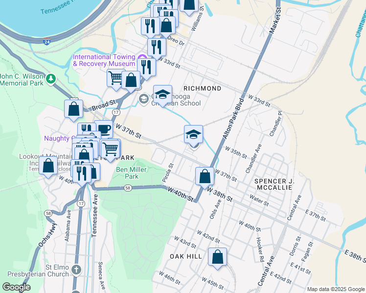map of restaurants, bars, coffee shops, grocery stores, and more near 1007 West 36th Street in Chattanooga
