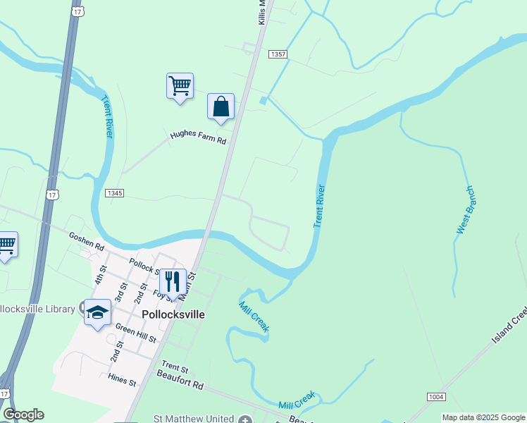 map of restaurants, bars, coffee shops, grocery stores, and more near 356 Trent Drive in Pollocksville