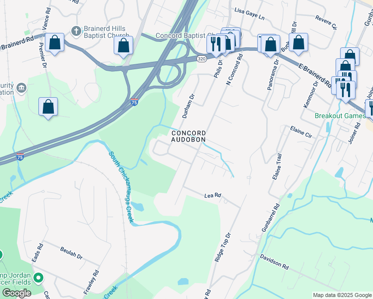 map of restaurants, bars, coffee shops, grocery stores, and more near 1214 Durham Street in Chattanooga